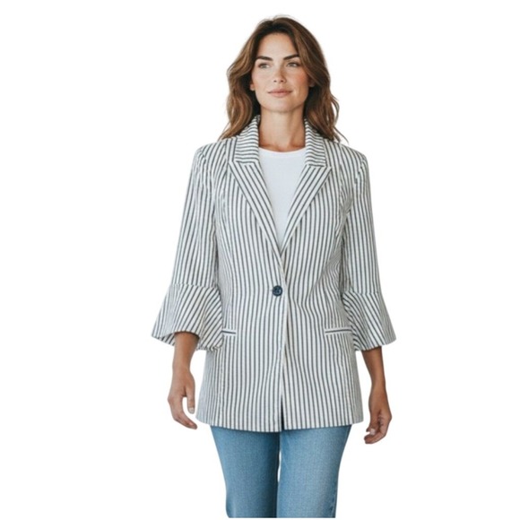 CAbi Jackets & Blazers - Cabi Women's  Jacket Bell Sleeve Striped Single Button Blazer Navy White Size 8